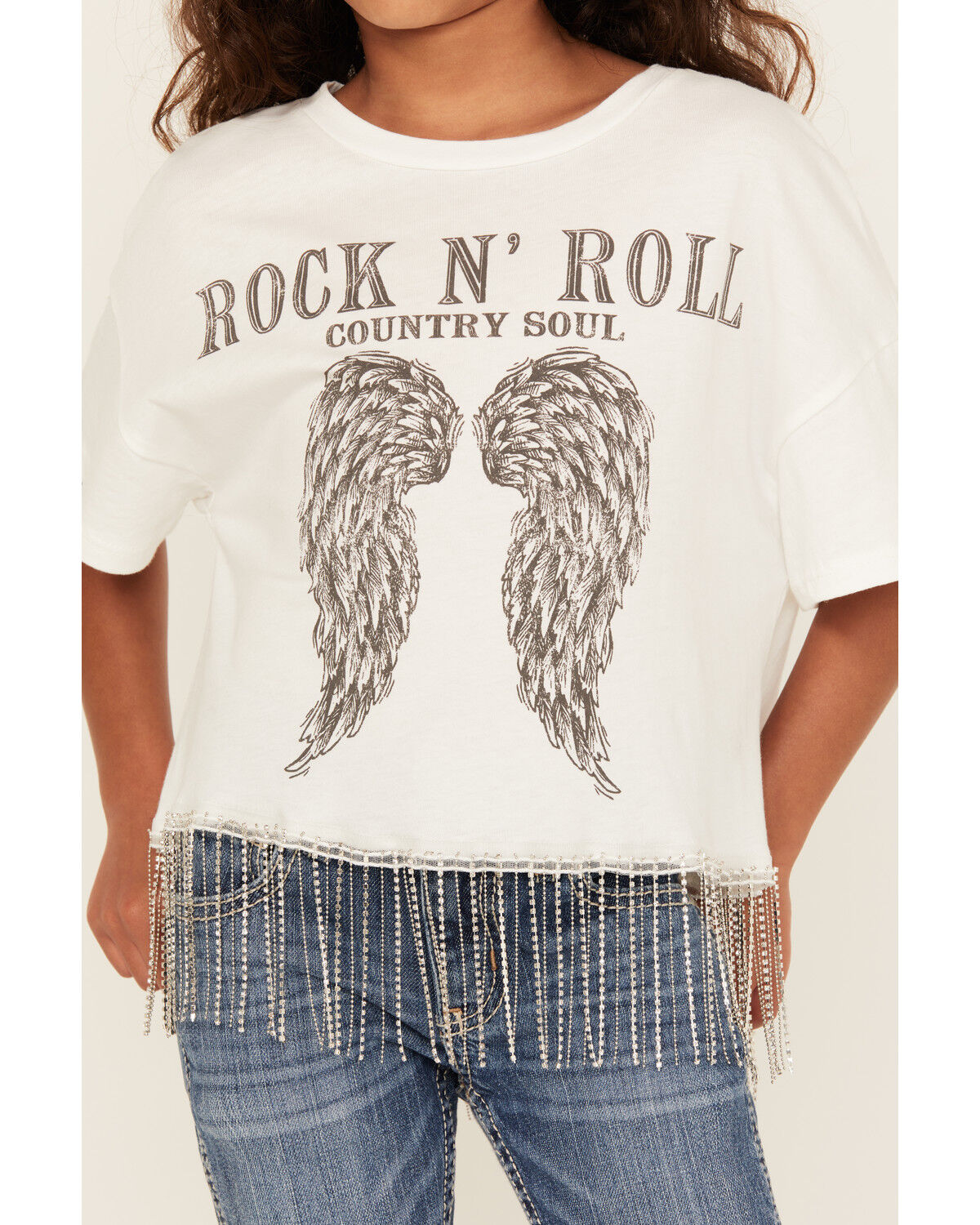 Image #3 - La La Land Girls' Rock & Roll Short Sleeve Fringe Graphic Tee, White, hi-res