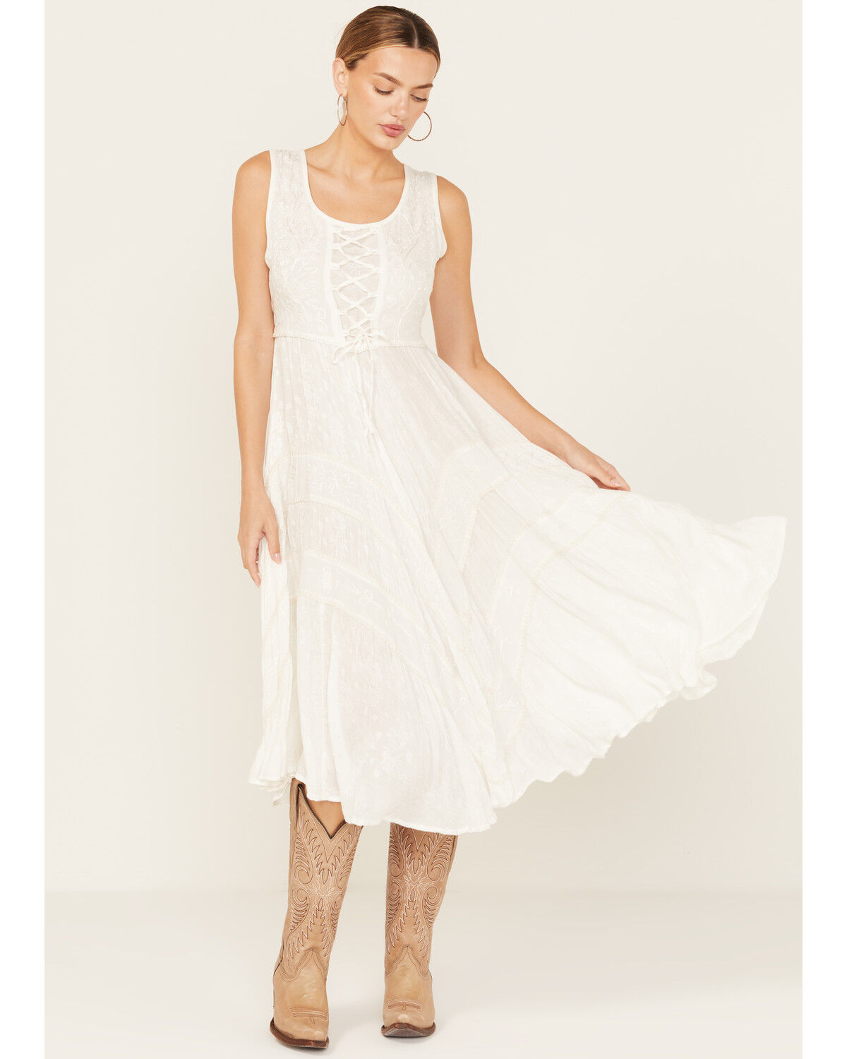 Image #1 - Scully Women's Lace-Up Jacquard Midi Dress, Ivory, hi-res