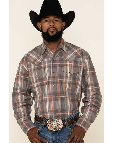 Stetson Men's Gray Adobe Large Plaid Long Sleeve Western Shirt , Grey, hi-res