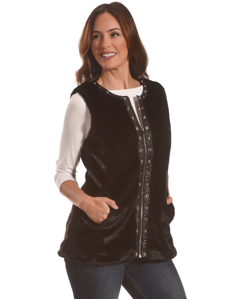Tesoro Moda Women's Black Faux Fur Vest, Black, hi-res