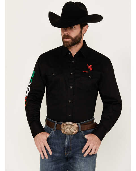 Rodeo Clothing Men's Mexico Bronco Long Sleeve Snap Western Shirt, Black, hi-res