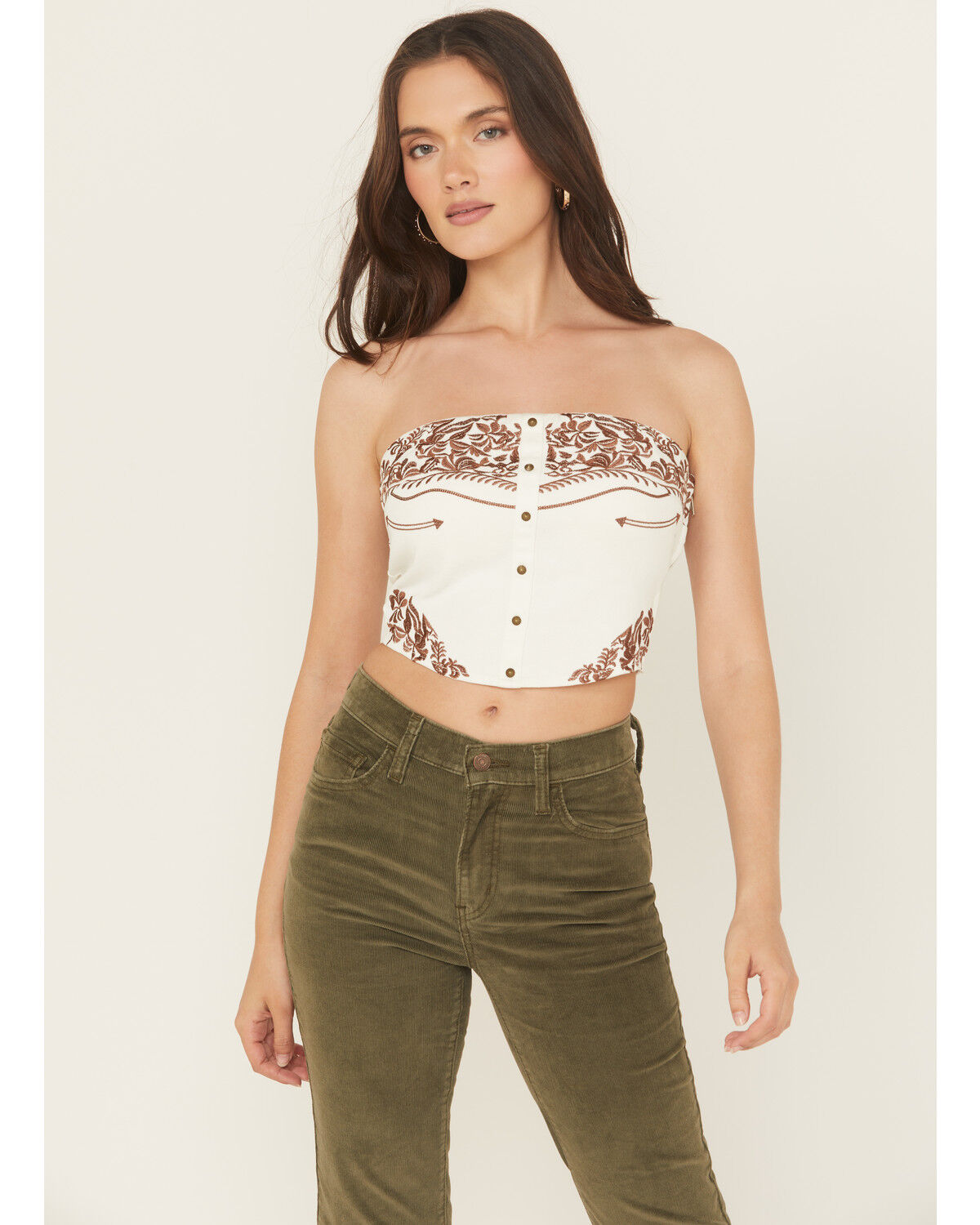 Image #1 - Blue B Women's Western Embroidered Strapless Cropped Shirt, White, hi-res