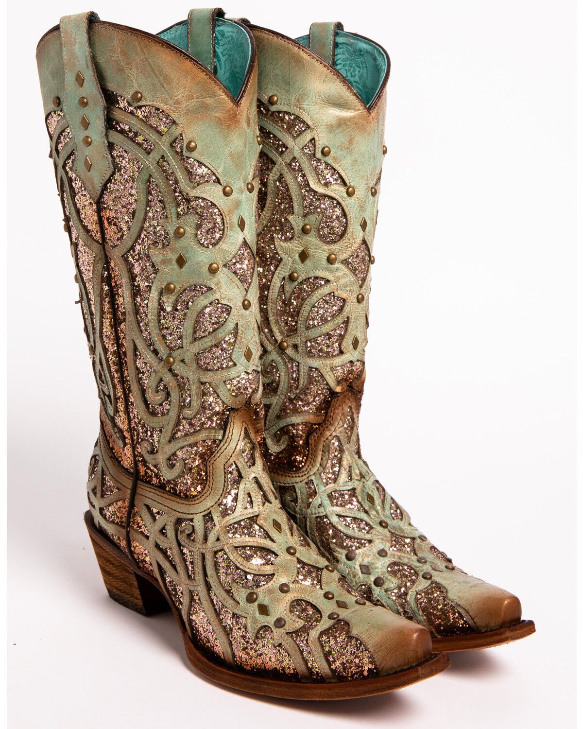 Corral Ladies Light Brown w/ Green Glitter Inlay Snip Toe Cowgirl Boots A3352 