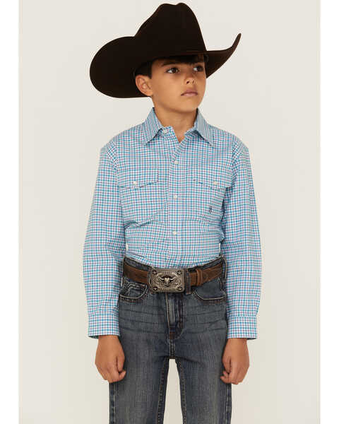 Image #1 - Roper Boys' Plaid Print Long Sleeve Pearl Snap Stretch Western Shirt, Blue, hi-res