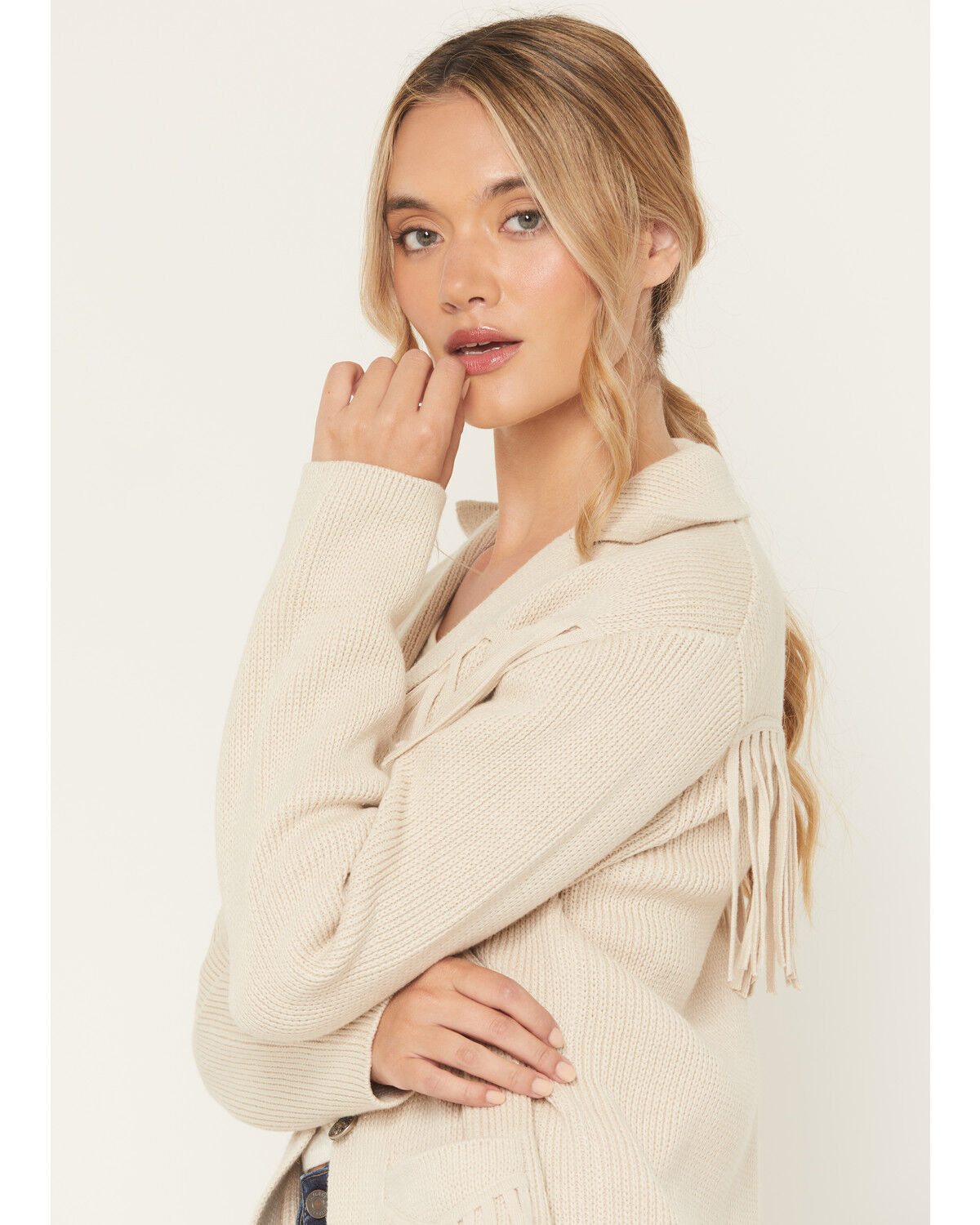Image #2 - Shyanne Women's Solid Fringe Button-Down Sweater, Oatmeal, hi-res