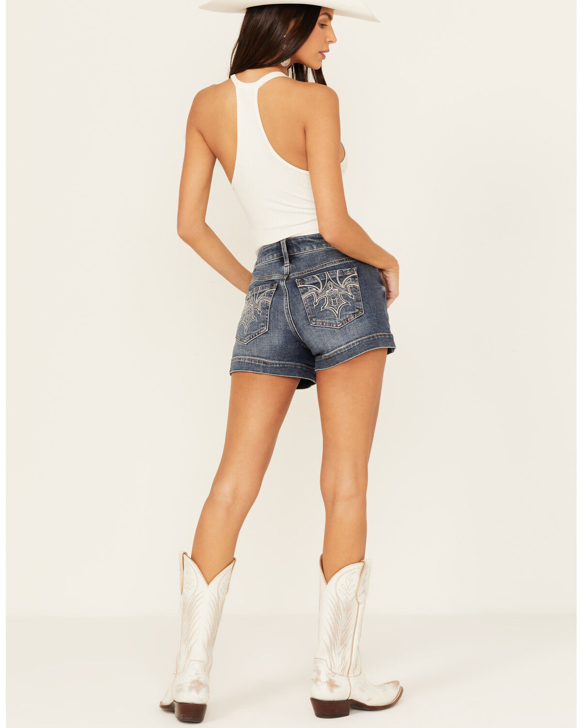 Image #1 - Shyanne Women's Medium Wash Mid Rise Novelty Pocket Comfort Stretch Shorts, Medium Wash, hi-res