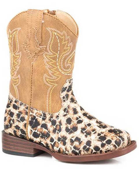 Roper Toddler Girls' Glitter Leopard Western Boots - Square Toe, Tan, hi-res