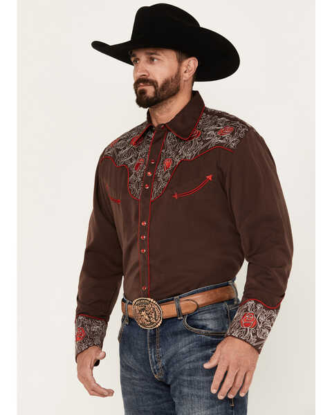 Image #2 - Scully Men's Rose Embroidered Long Sleeve Pearl Snap Western Shirt, Chocolate, hi-res