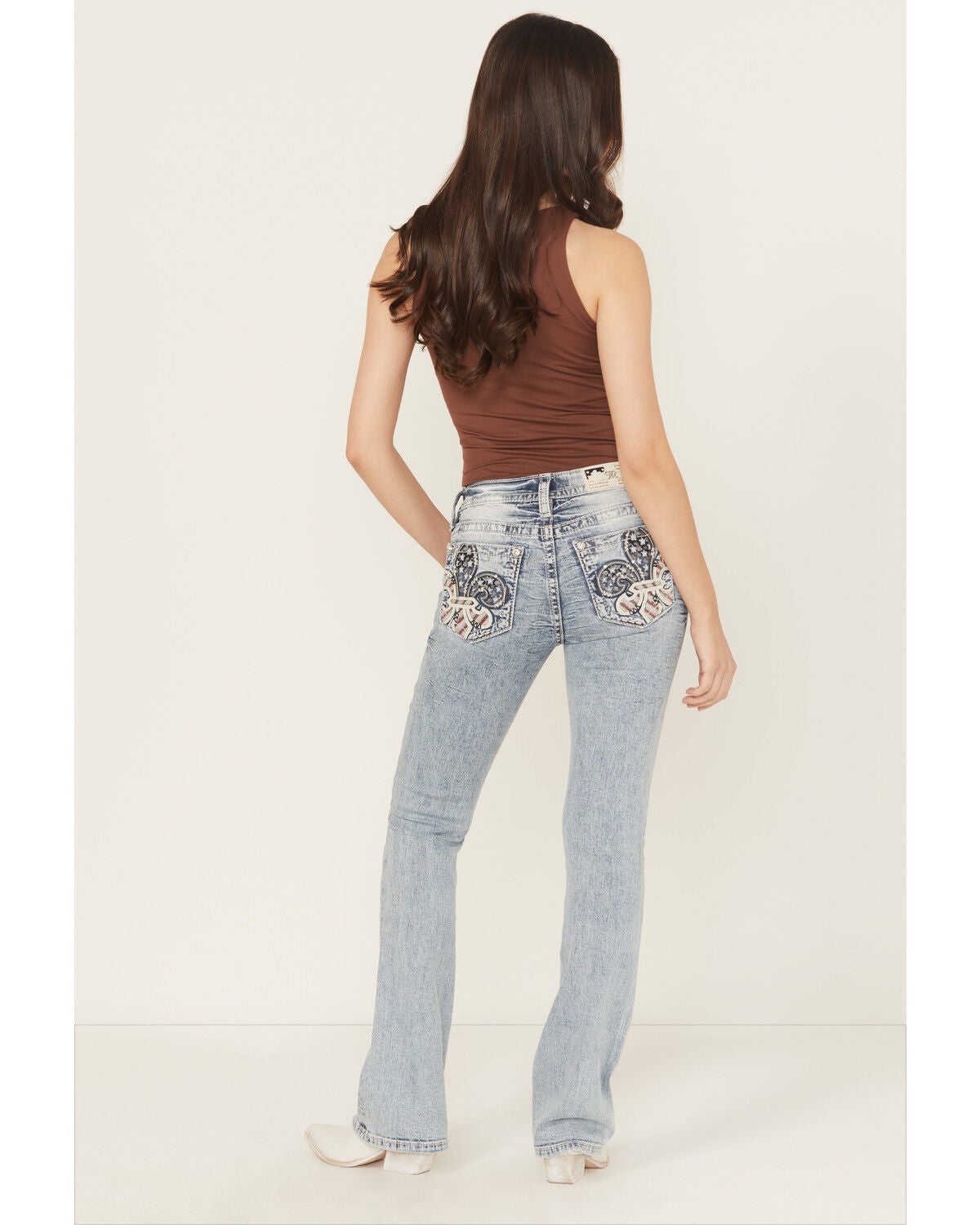 Image #1 - Miss Me Women's Medium Wash Mid Rise Americana Fleur de Lis 32" Bootcut Stretch Denim Jeans, Medium Wash, hi-res