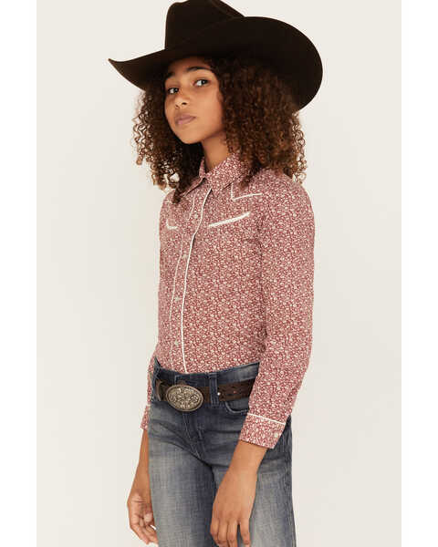 Image #2 - Roper Girls' Ditsy Floral Print Long Sleeve Pearl Snap Retro Western Shirt, Red, hi-res