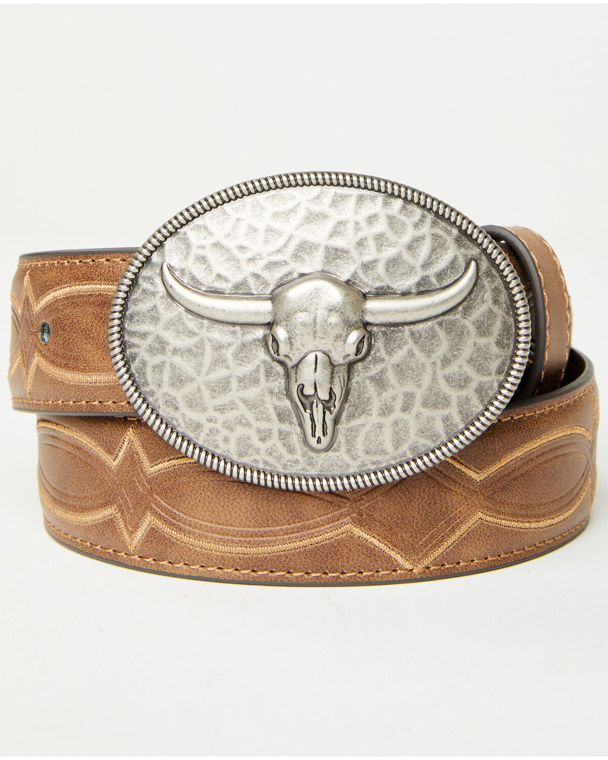 Cody James Boys' Raylan Hammered Longhorn Buckle Belt, Brown, hi-res