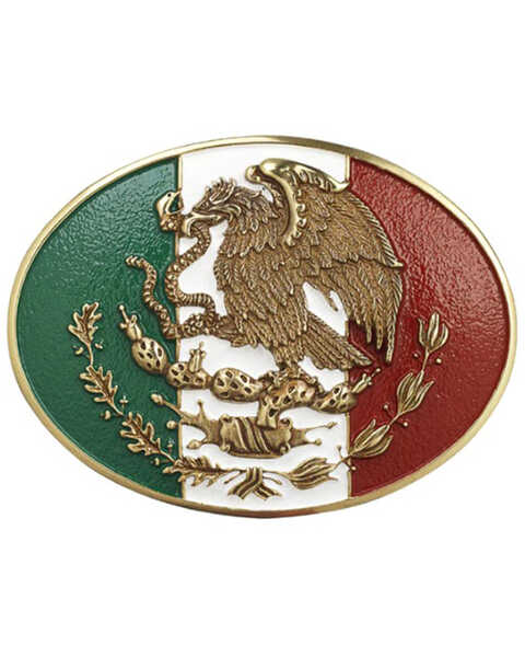 M & F Western Ariat Oval Mexican Flag Belt Buckle, Silver, hi-res
