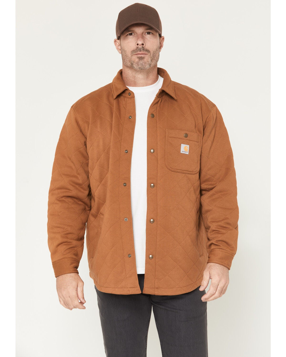 Image #1 - Carhartt Men's Rain Defender&reg; Loose Fit Heavyweight Quilted Snap Front Shirt Jacket, Brown, hi-res