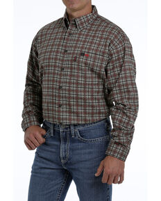 Cinch Men's FR Brown Plaid Lightweight Long Sleeve Work Shirt - Big , Brown, hi-res