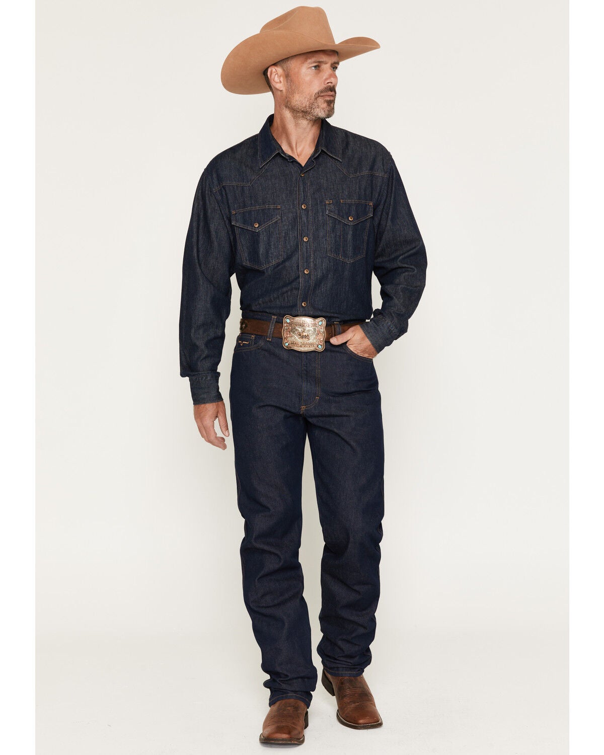 Image #1 - Zach Top X Kimes Ranch Men's Dark Wash Mid Rise Bootcut Rigid Denim Jeans, Dark Medium Wash, hi-res