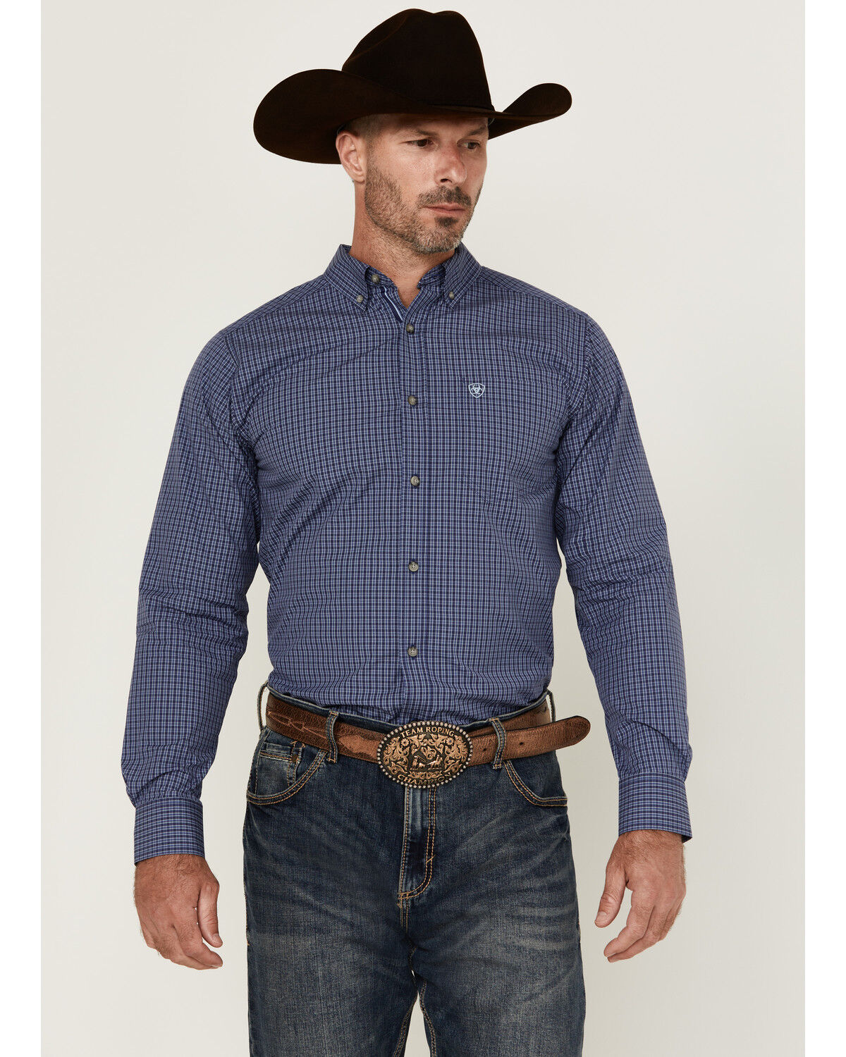 Image #1 - Ariat Men's Calvin Plaid Print Long Sleeve Button-Down Western Shirt, Navy, hi-res