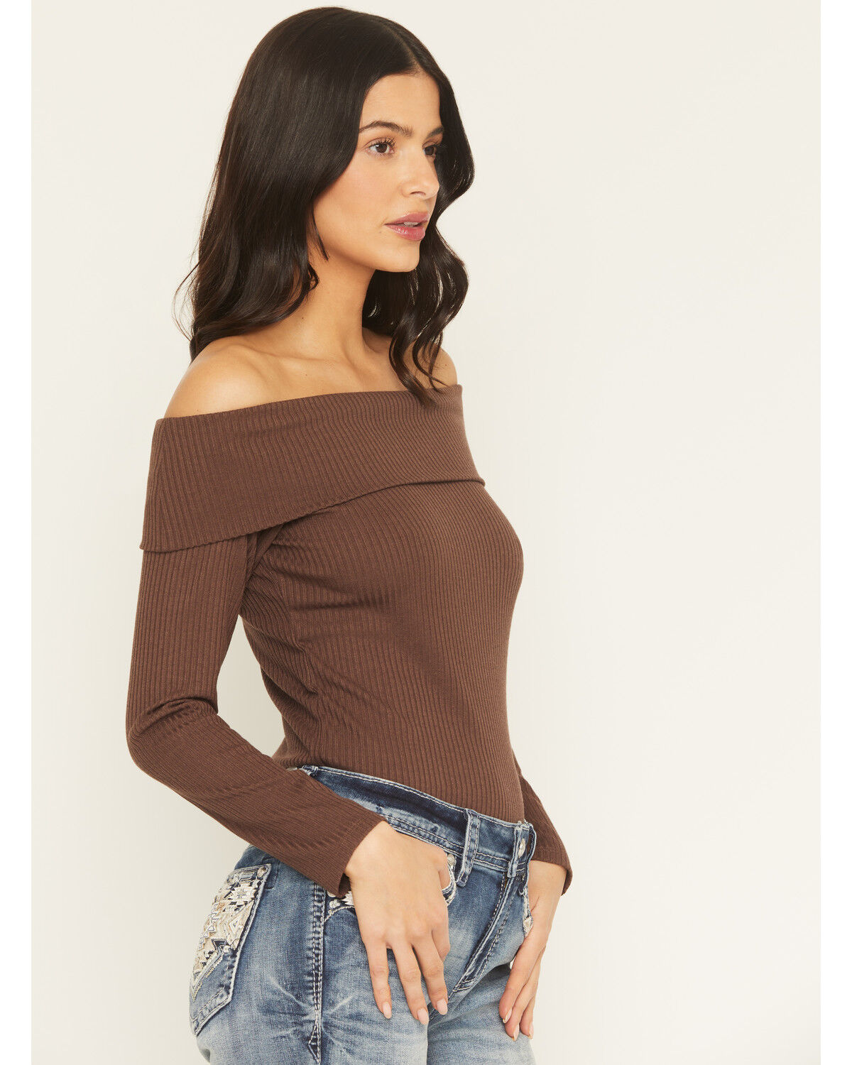Image #2 - Shyanne Women's Rib Knit Off The Shoulder Long Sleeve Shirt, Brown, hi-res
