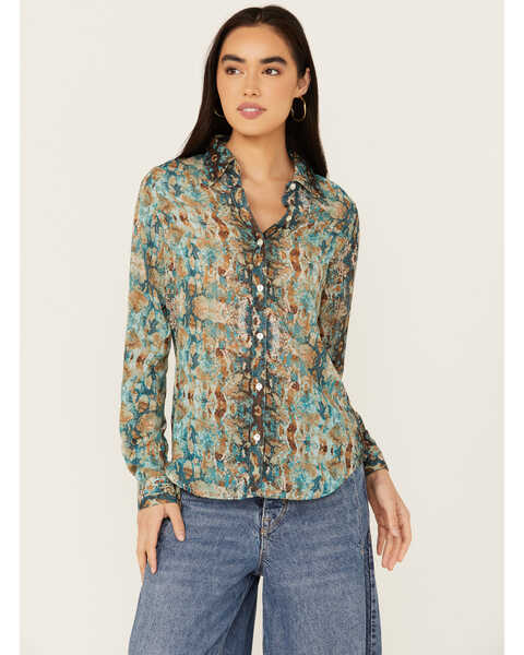 Image #1 - Roper Women's Snake Print Long Sleeve Button-Down Western Shirt , Green, hi-res