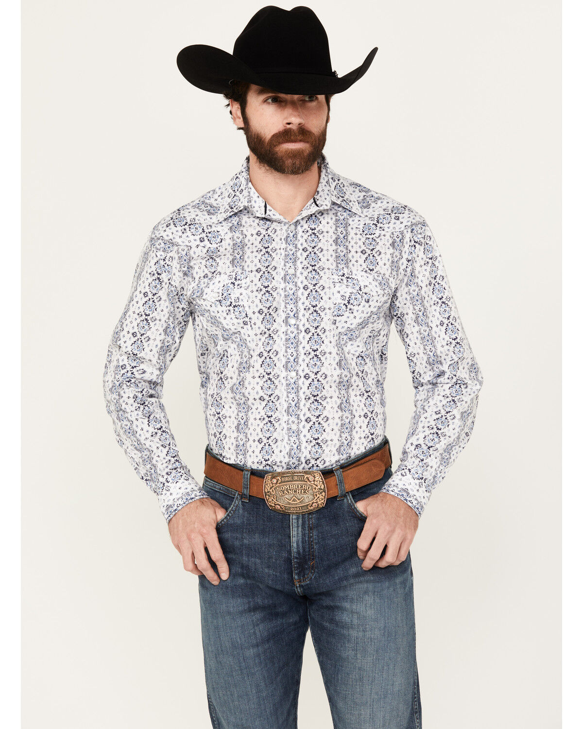 Image #1 - Rough Stock by Panhandle Men's Southwestern Print Long Sleeve Pearl Snap Western Shirt, Blue, hi-res