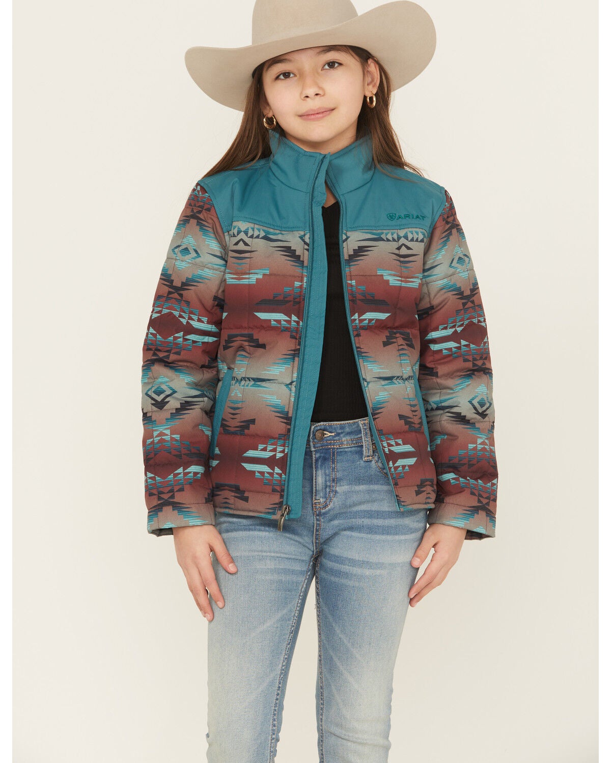 Ariat Girls' Southwestern Print Crius Jacket, Teal, hi-res