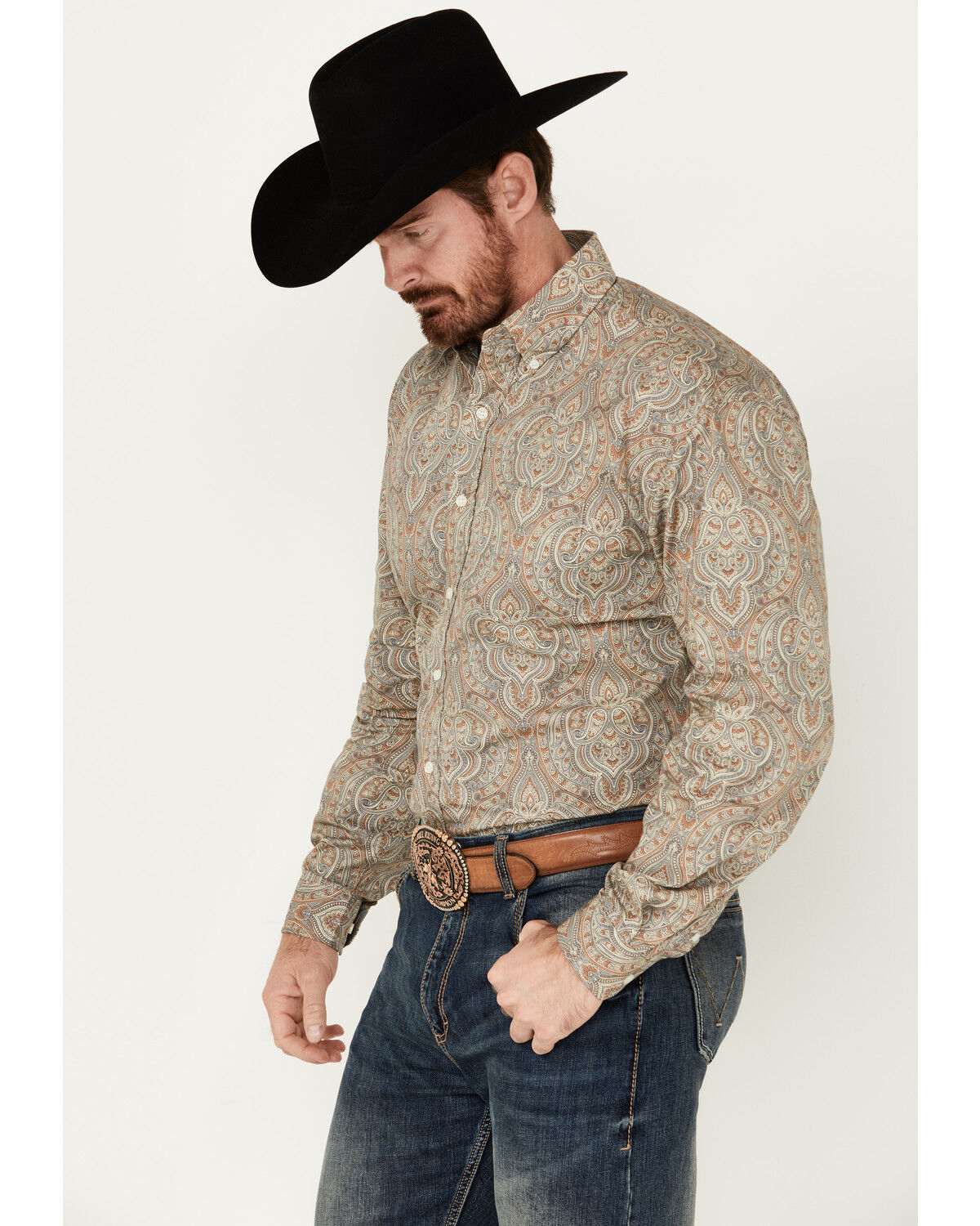 Image #2 - Stetson Men's Mosaic Print Long Sleeve Button-Down Western Shirt, Grey, hi-res