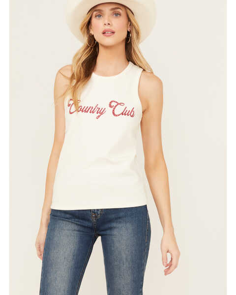 Image #1 - Blended Women's Rhinestone Country Club Graphic Tank , White, hi-res
