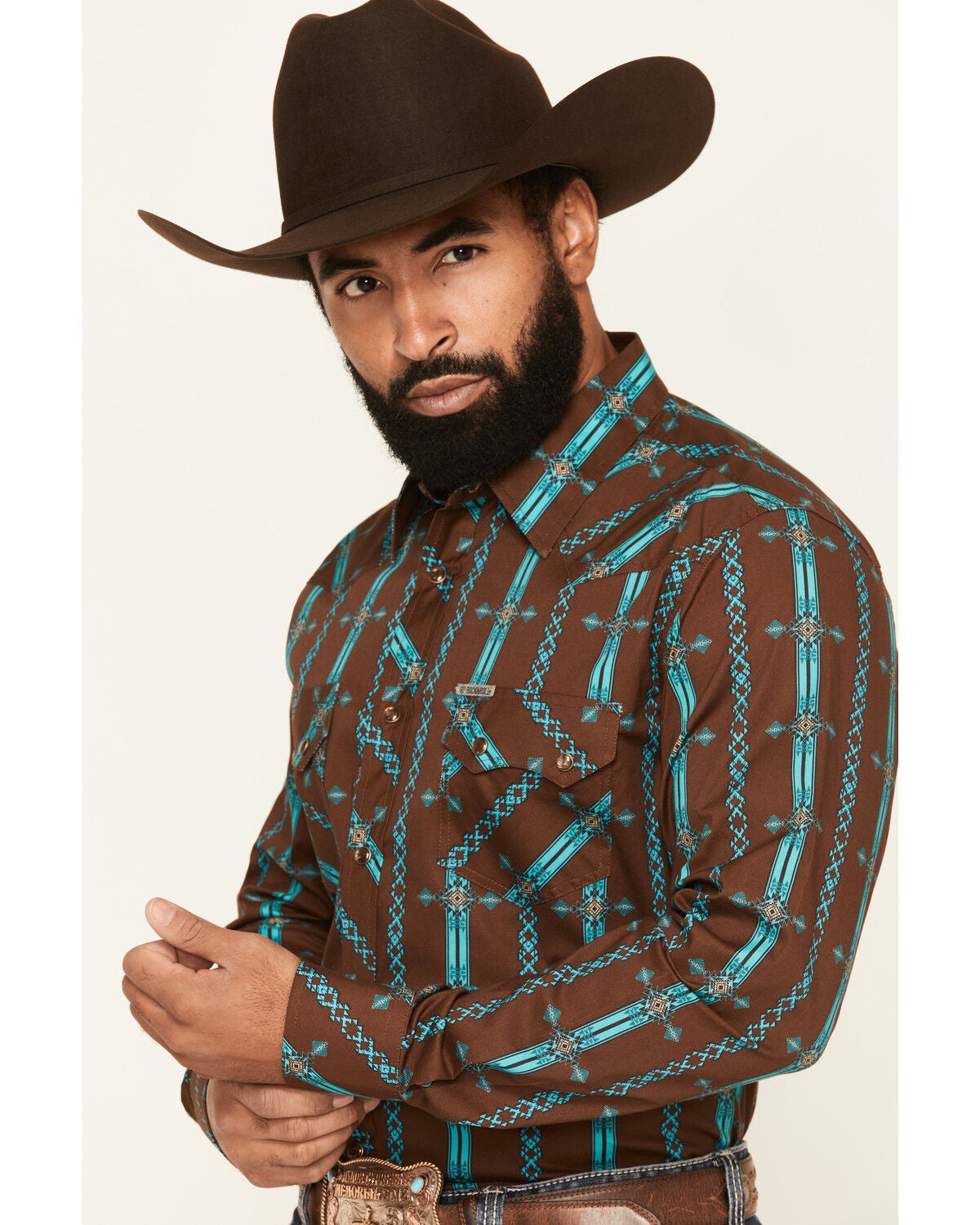 Image #2 - Rock & Roll Denim Men's Southwestern Striped Long Sleeve Pearl Snap Stretch Western Shirt, Brown, hi-res