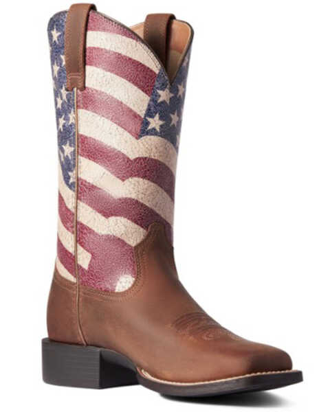 Ariat Women's Round Up Patriot Western Performance Boots - Square Toe, Brown, hi-res