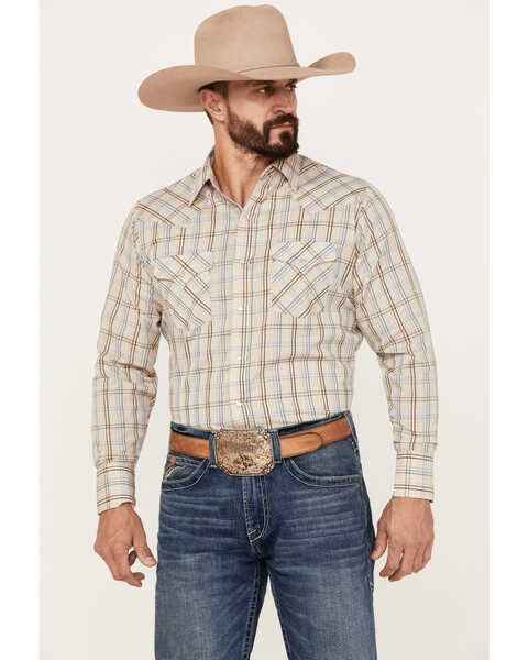 Image #1 - Ely Walker Men's Plaid Print Long Sleeve Snap Western Shirt , Beige/khaki, hi-res