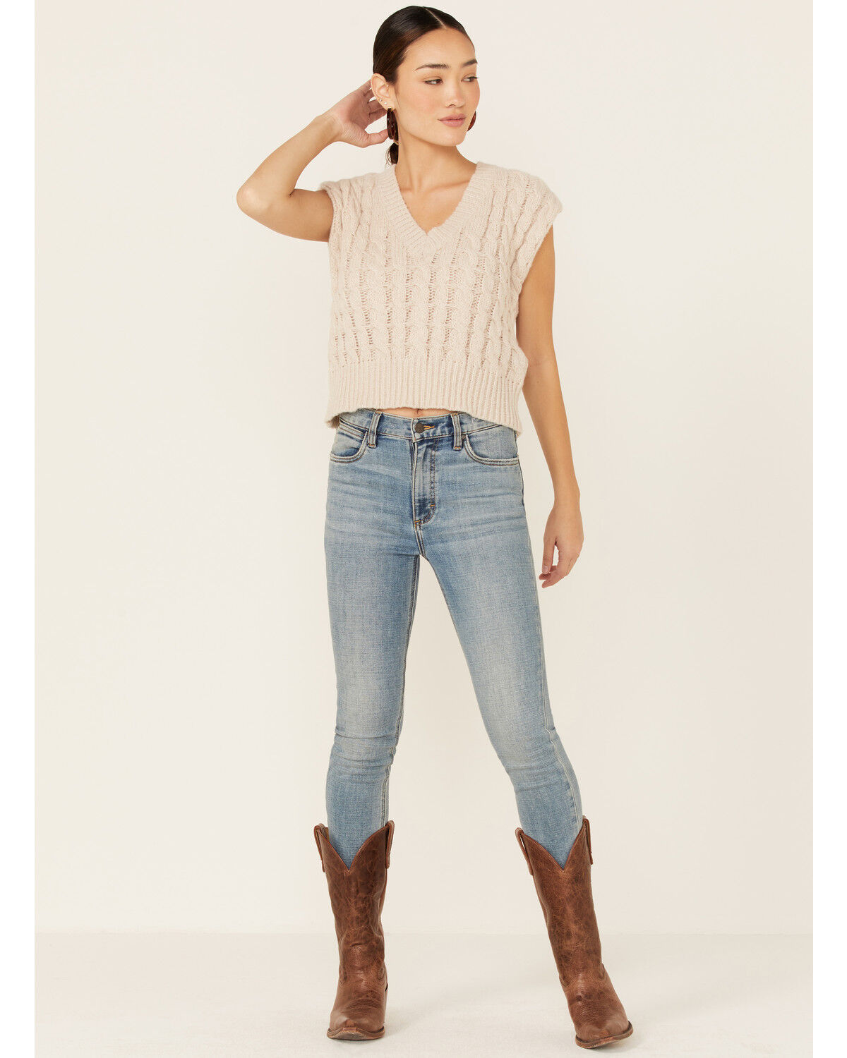 Image #4 - Very J Women's Oatmeal Cable Knit Cropped Sweater Vest, , hi-res