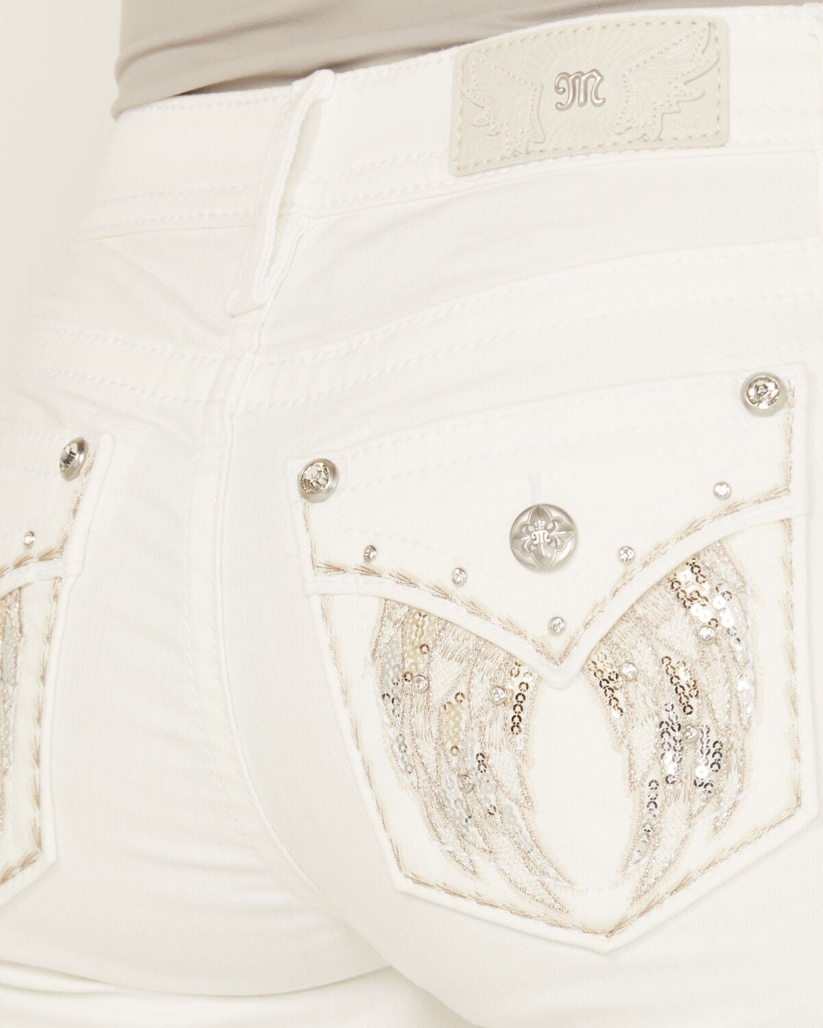 Image #2 - Miss Me Women's Mid Rise Wing Pocket 32" Bootcut Stretch Denim Jeans, White, hi-res