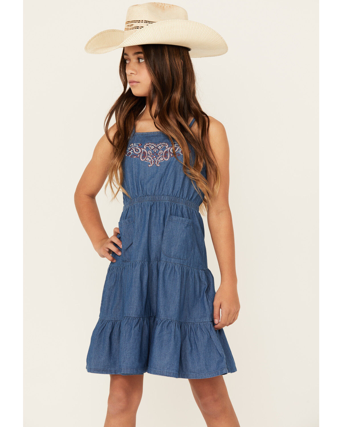Image #2 - Shyanne Girls' Pinedale Paisley Embroidered Sleeveless Denim Ruffle Mini Dress, Medium Wash, hi-res