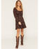 Image #1 - June & Hudson Women's Floral Embroidered Faux Suede Long Sleeve Mini Dress, Chocolate, hi-res