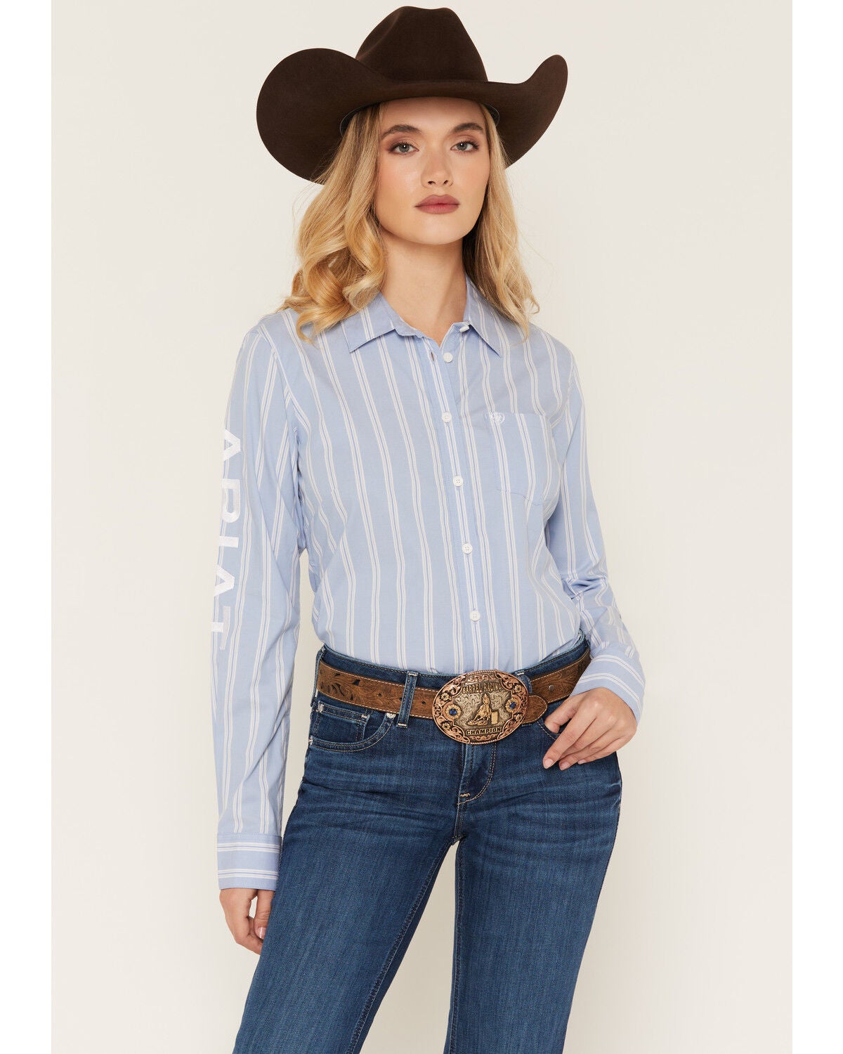 Image #1 - Ariat Women's Team Kirby Stripe Print Long Sleeve Button-Down Stretch Western Shirt, Blue, hi-res