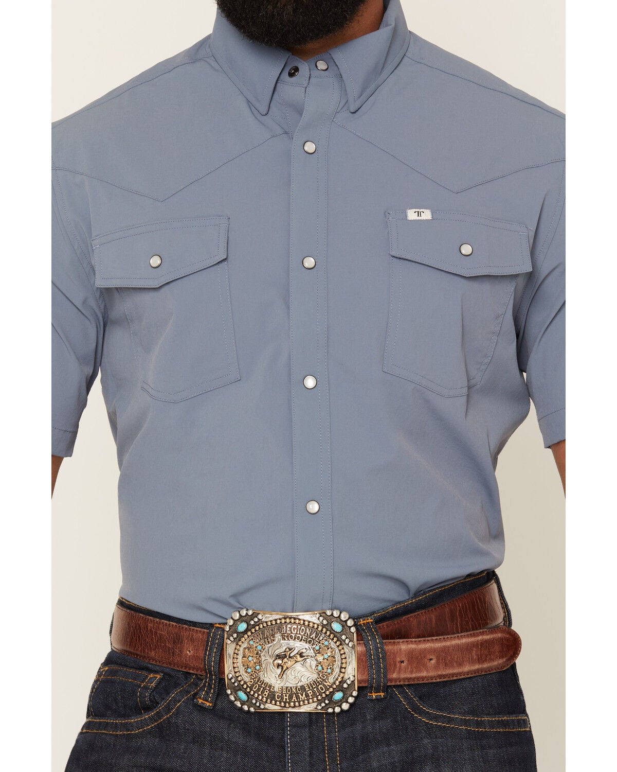 Image #2 - Ferrell Men's Tek Solid Short Sleeve Snap Performance Western Shirt, Blue, hi-res
