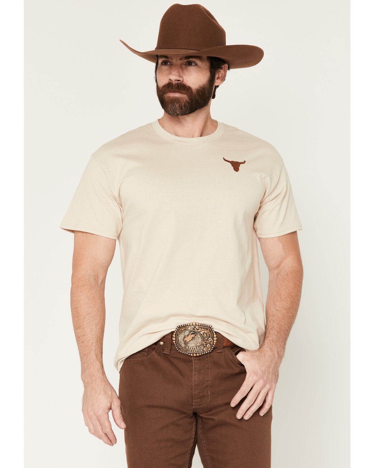Image #1 - Cody James Men's Bull Skull Embroidered Short Sleeve Graphic T-Shirt, Tan, hi-res