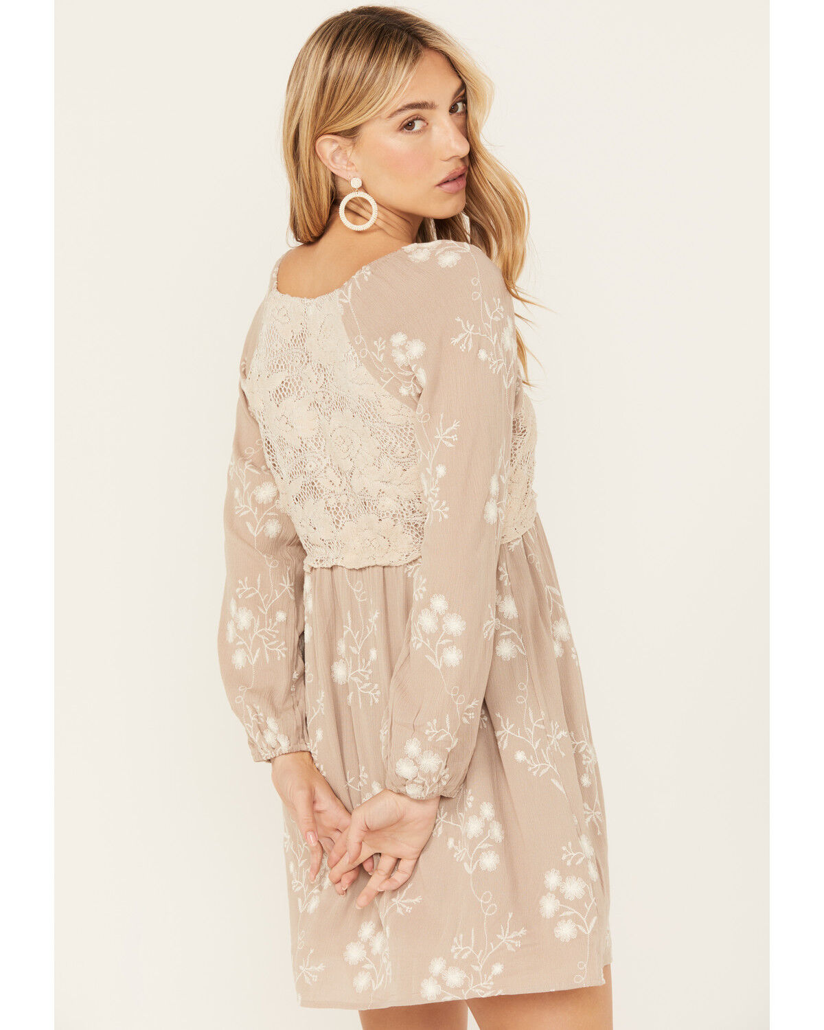 Image #4 - Wild Moss Women's Floral Embroidered Long Sleeve Mini Dress, Tan, hi-res