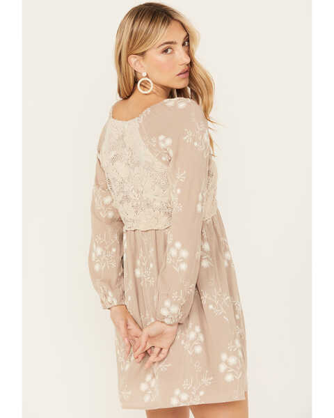 Image #4 - Wild Moss Women's Floral Embroidered Long Sleeve Mini Dress, Tan, hi-res