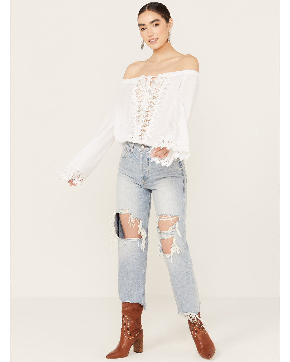 Image #1 - Wrangler Women's Off The Shoulder Long Sleeve Top, White, hi-res