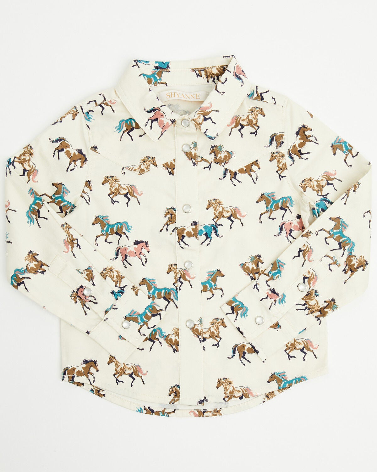 Image #1 - Shyanne Toddler Girls' Horse Print Long Sleeve Pearl Snap Stretch Western Shirt, Cream, hi-res