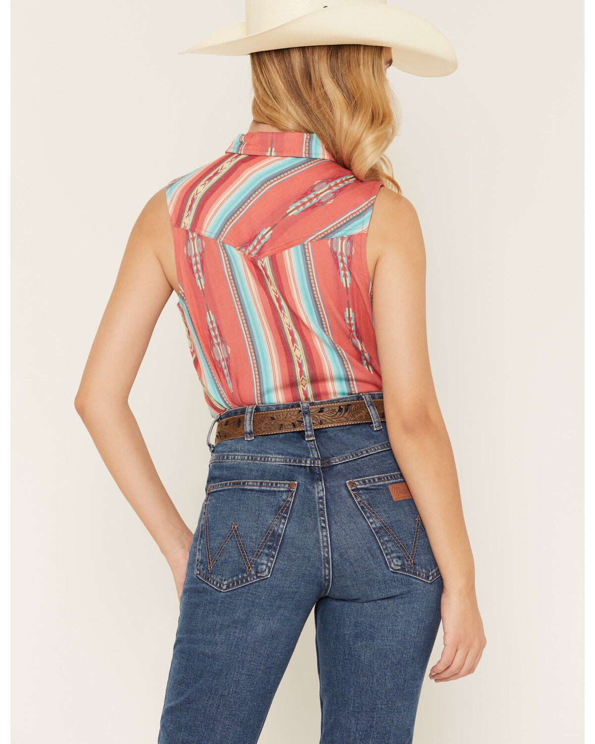 Image #4 - Shyanne Women's Southwestern Stripe Print Sleeveless Button-Down Western Shirt, Red, hi-res