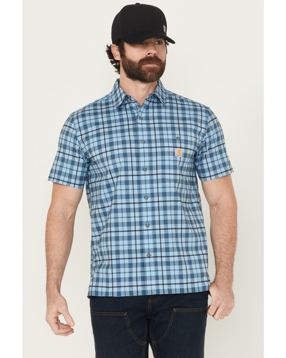 Carhartt Men's Force Sun Defender&trade; Relaxed Fit Lightweight Plaid Print Short Sleeve Button-Down Work Shirt, Blue, hi-res