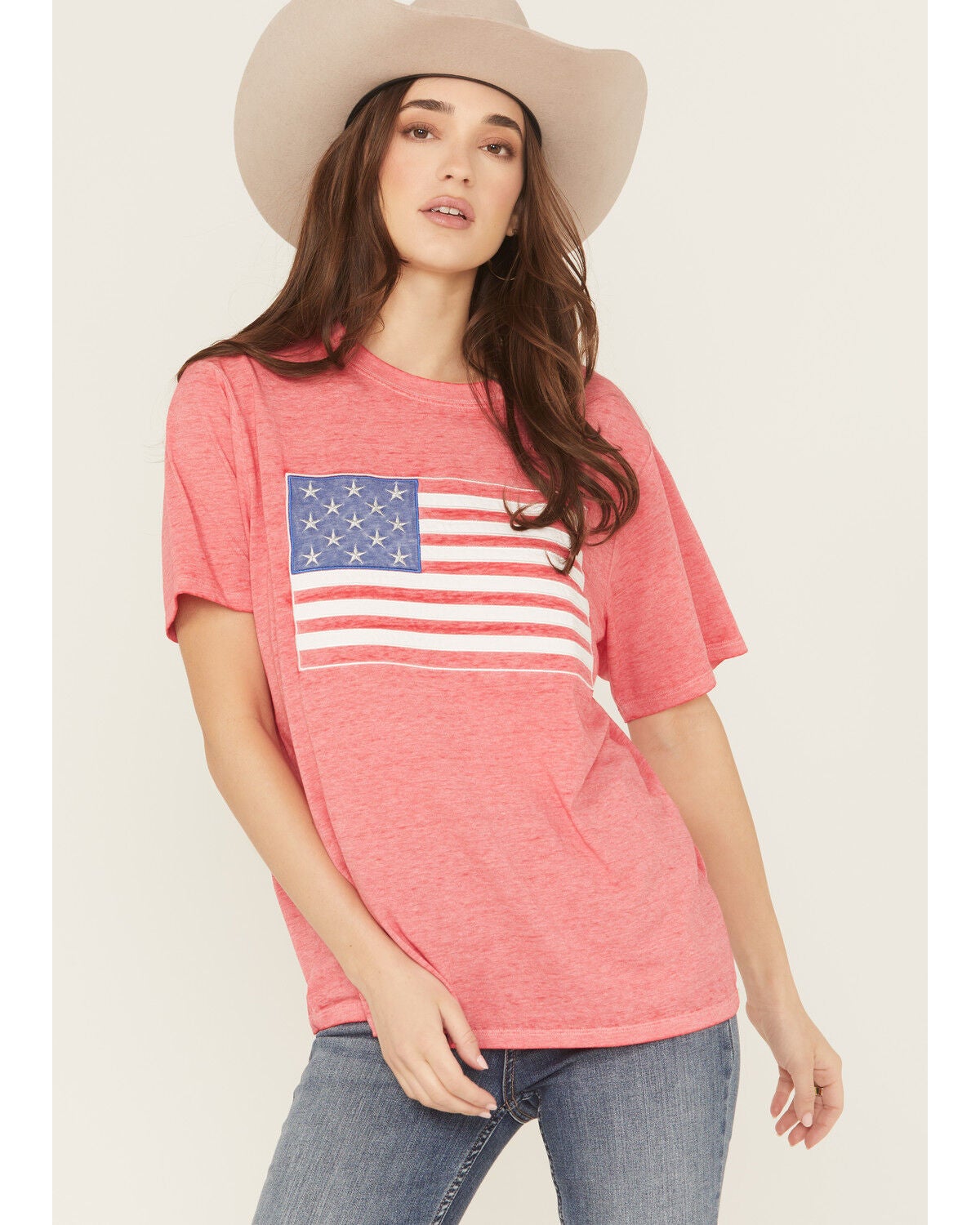 Blended Women's Flag Embroidered Short Sleeve Tee, Red, hi-res