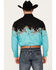 Panhandle Men's Cowboy Border Print Long Sleeve Snap Western Shirt, Turquoise, hi-res