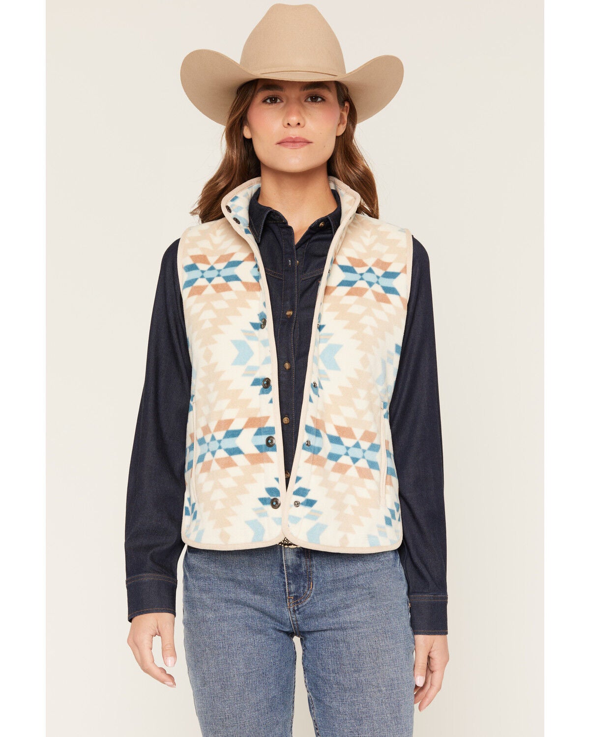 Image #1 - Shyanne Women's Southwestern Print Polar Fleece Vest, Khaki, hi-res