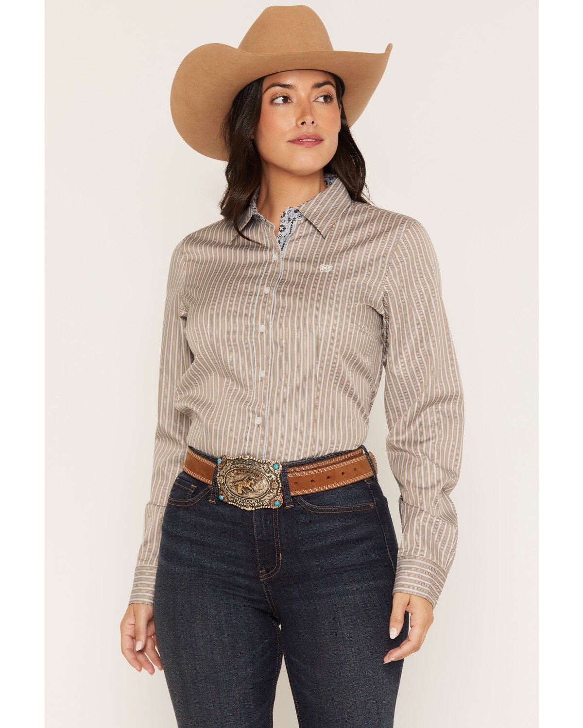 Image #1 - Cinch Women's TENCEL Striped Long Sleeve Button-Down Western Shirt, Brown, hi-res