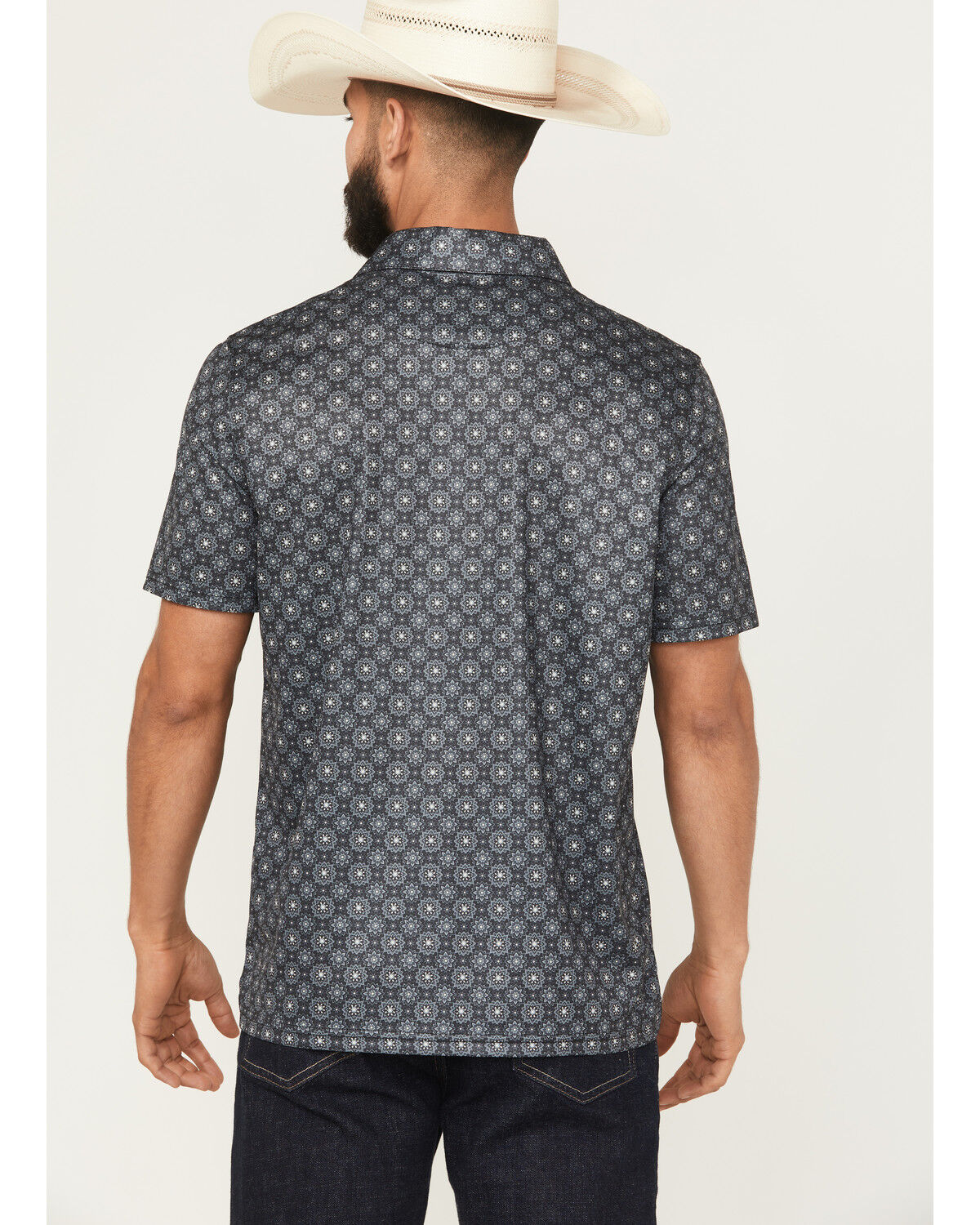 Image #4 - Panhandle Slim Men's Medallion Print Short Sleeve Snap Performance Polo, Black, hi-res