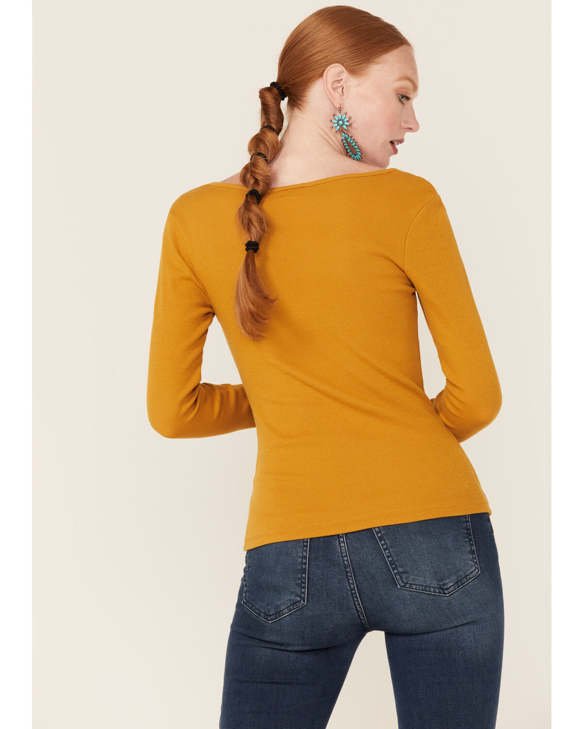 Image #4 - Panhandle Women's Cinch Front Ribbed Knit Long Sleeve Top, Gold, hi-res