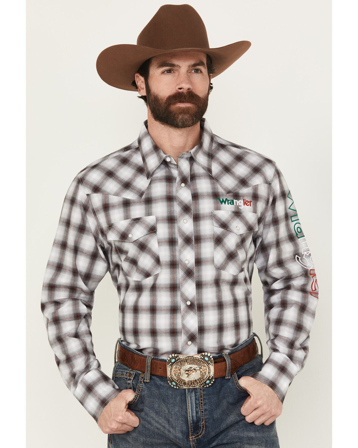 Image #2 - Wrangler Men's Plaid Print Logo Long Sleeve Snap Western Shirt, Black, hi-res