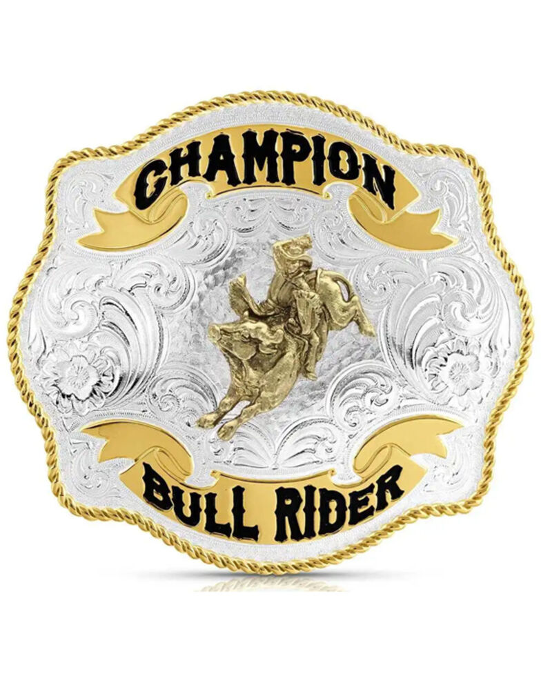 Montana Silversmiths Scalloped Champion Bullriding Belt Buckle, Silver, hi-res